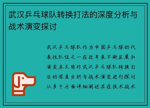 武汉乒乓球队转换打法的深度分析与战术演变探讨