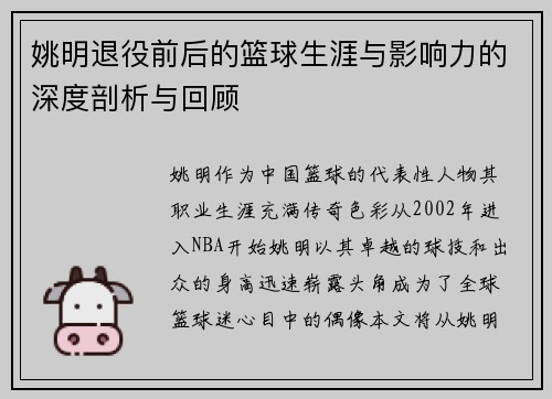 姚明退役前后的篮球生涯与影响力的深度剖析与回顾